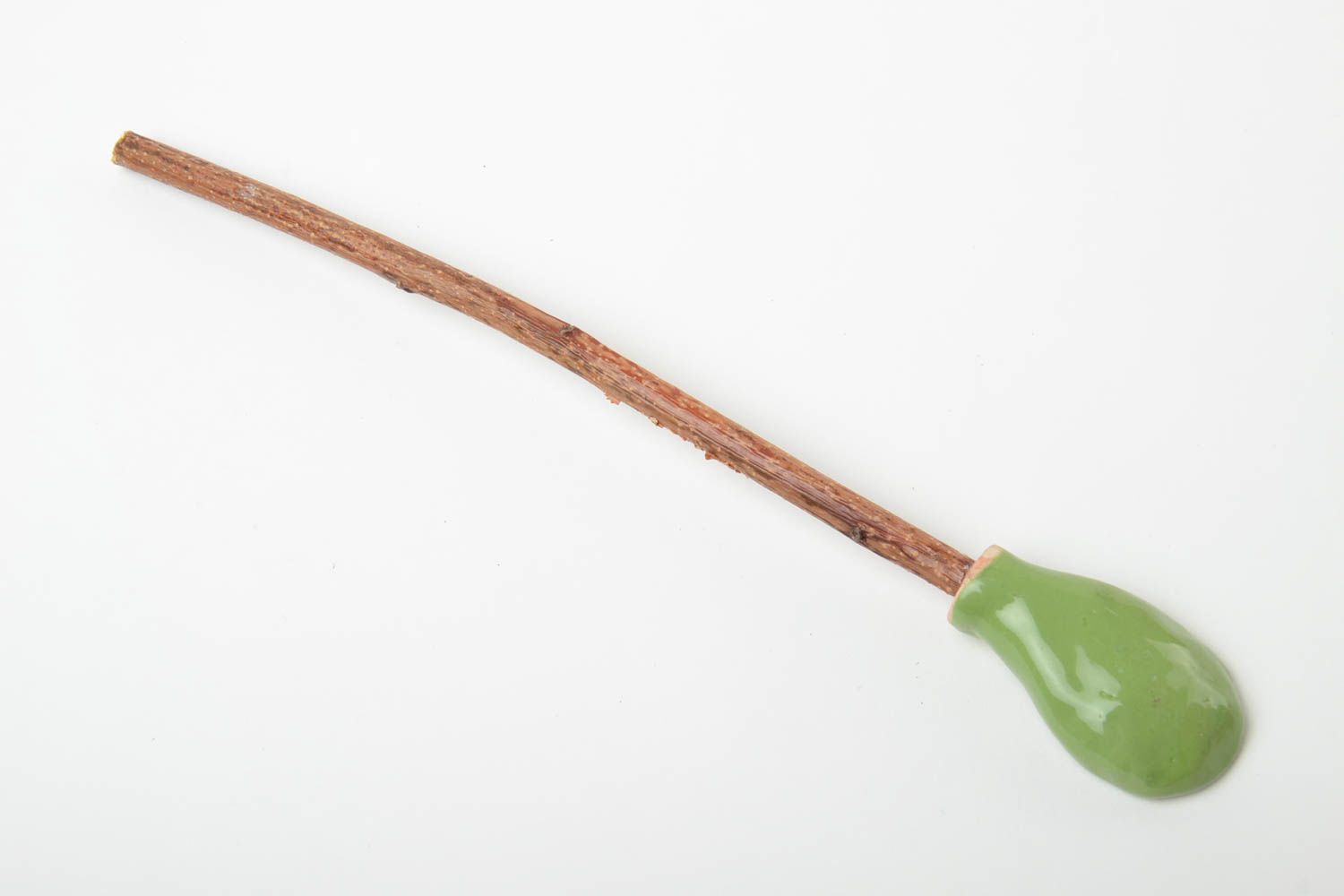 Glazed green handmade designer clay spoon with apricot branch handle photo 3