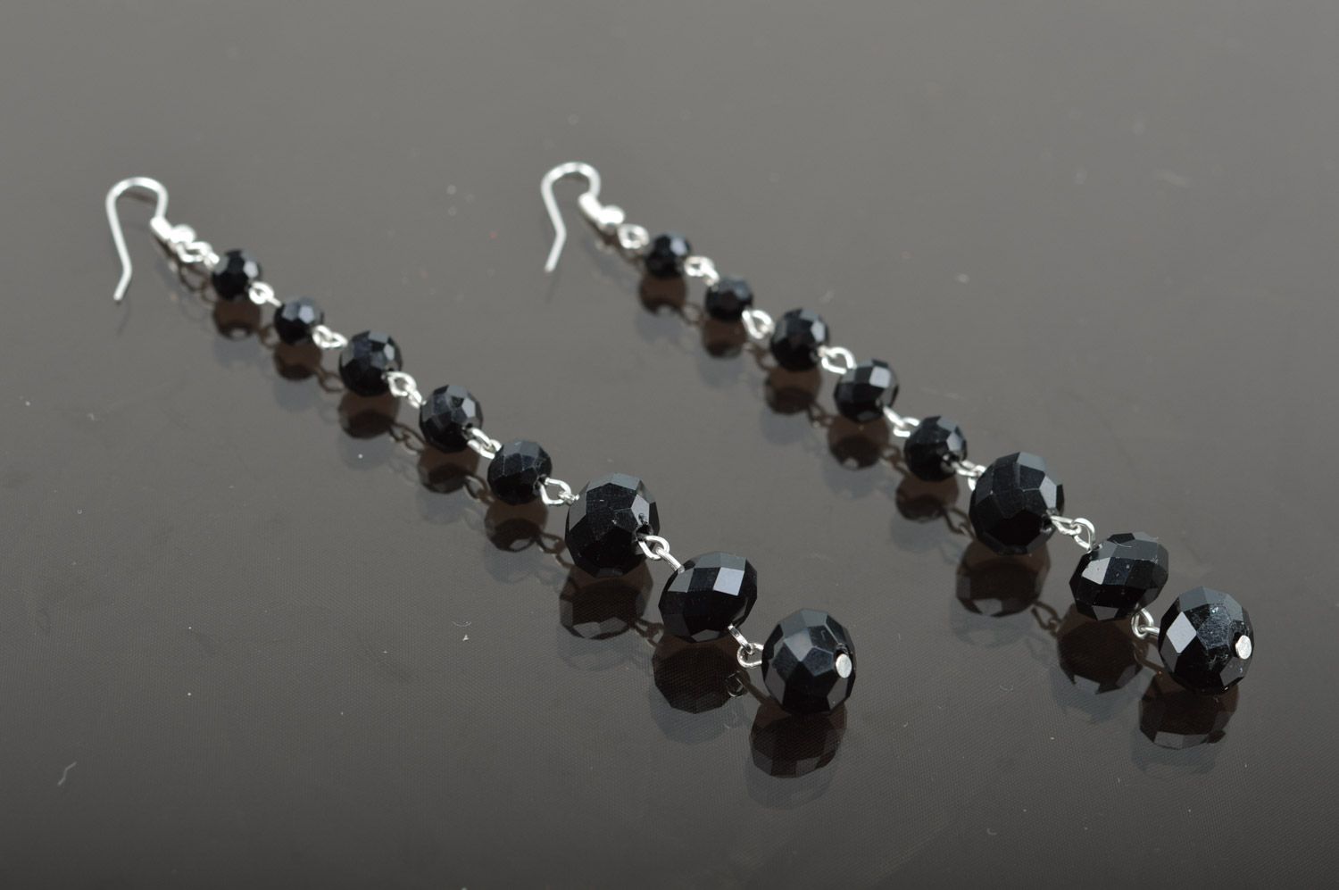Elegant evening handmade long beaded earrings with black faceted stones  photo 3
