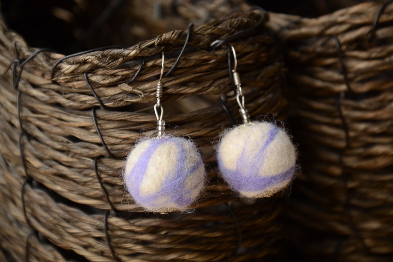 Light felted wool ball earrings photo 1