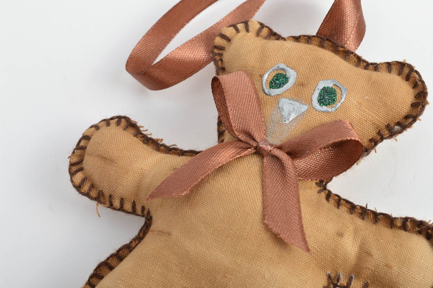 Handmade decorative fabric wall hanging soft toy brown bear with satin ribbon photo 5