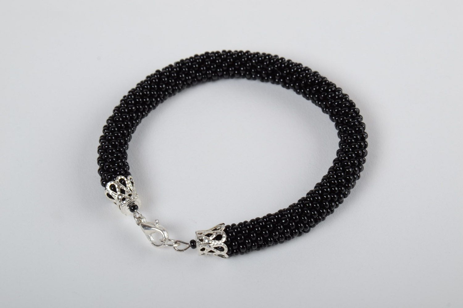 Beautiful women's handmade beaded cord wrist bracelet woven of Czech beads Black photo 2