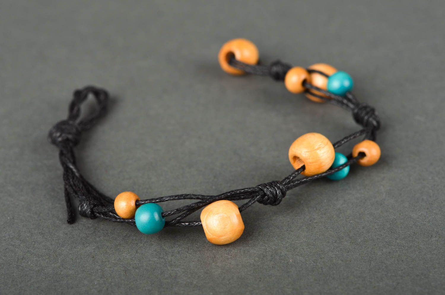 Handmade wooden turquoise and orange beads wrist bracelet on black wax four layers cord for girls photo 3