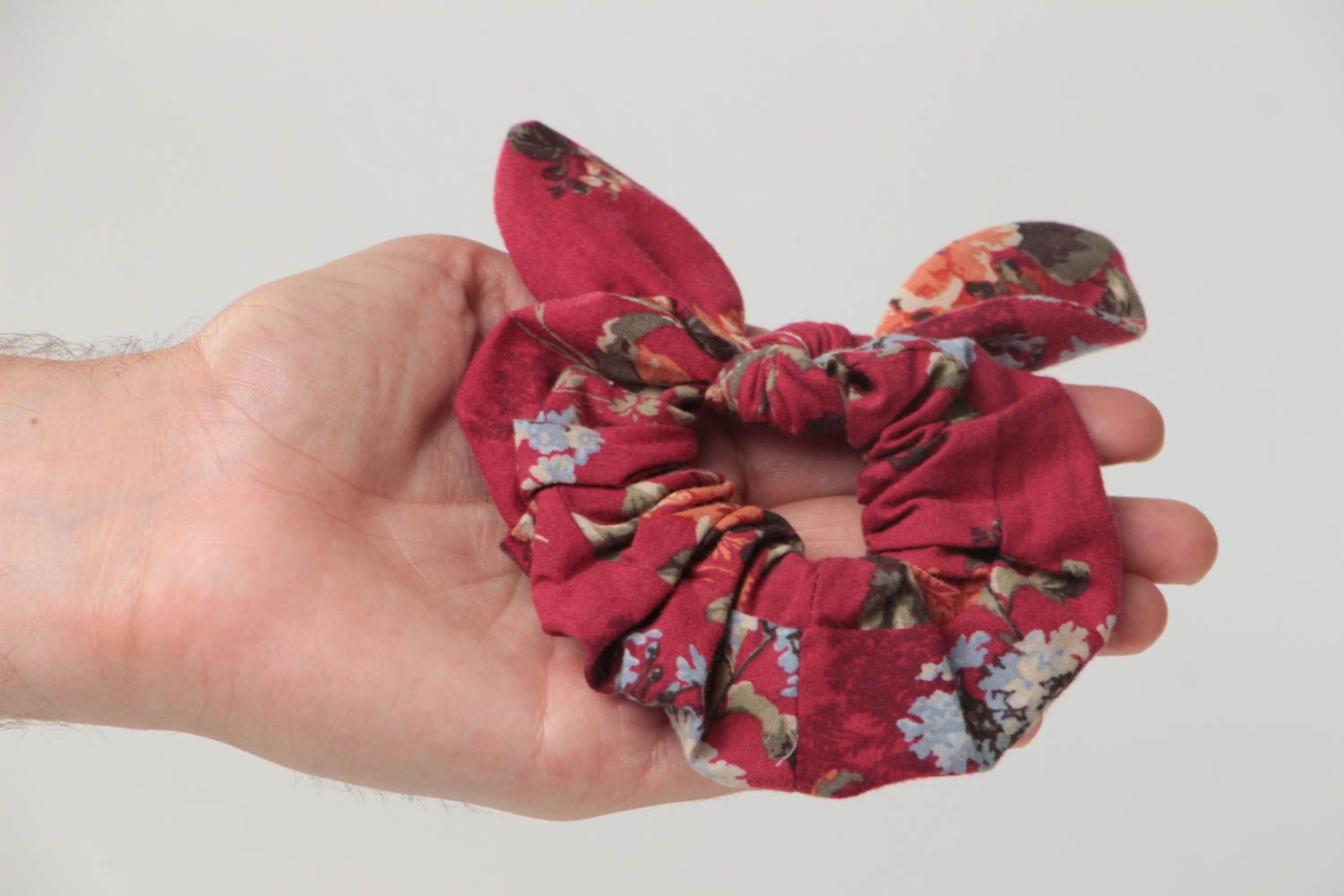 Handmade volume dark red cotton fabric hair tie with floral pattern with bow photo 5