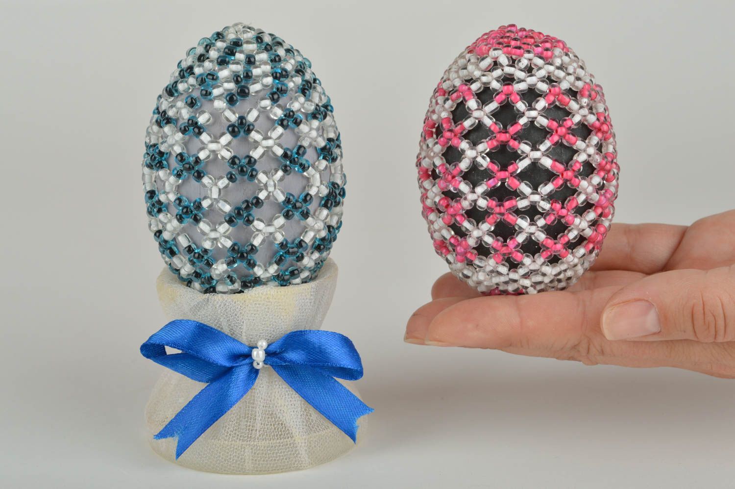 Beautiful handmade cute Easter eggs woven oven with beads set of 2 pieces photo 2