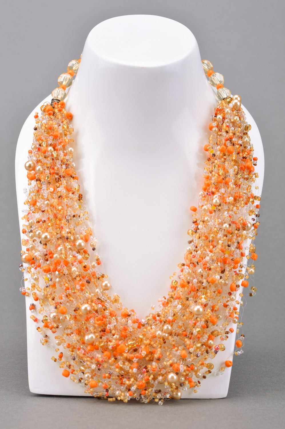 Unusual handmade long airy beaded necklace of orange color photo 5