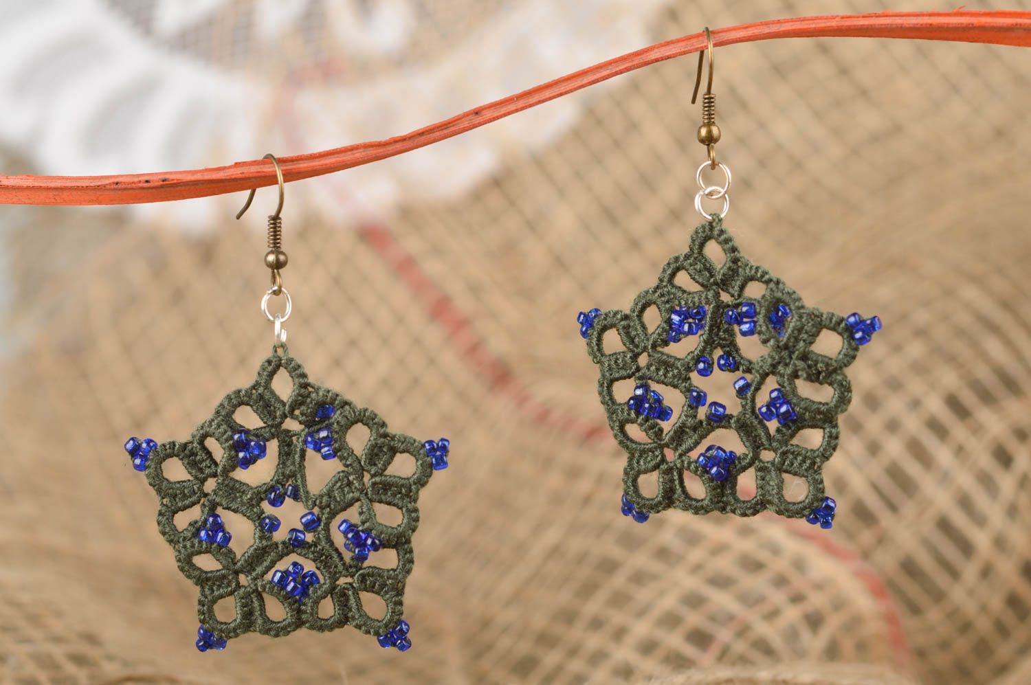 Handmade lace earrings stylish green jewelry unusual designer accessories photo 1