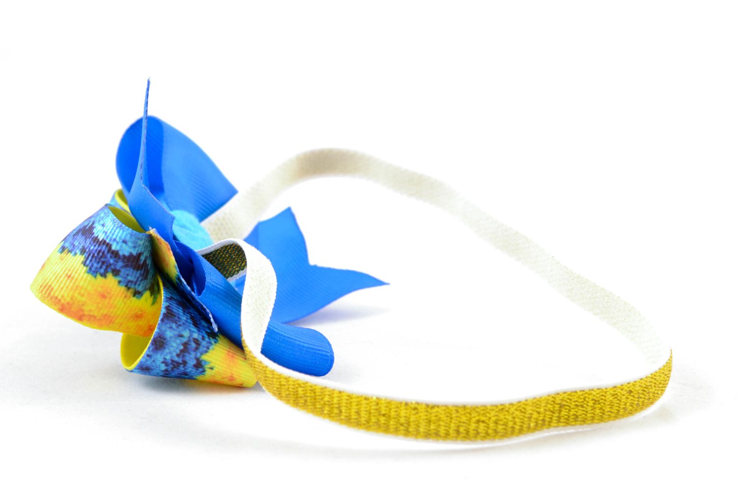 Повязка на голову из репсовых лент с сине-желтым бантиком фото 5