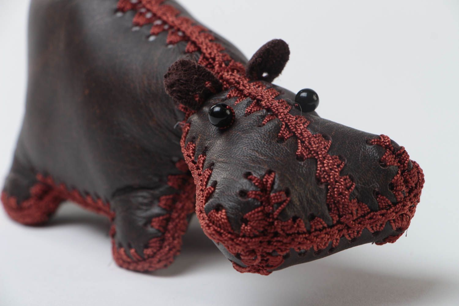 Handmade designer soft toy hippo sewn of genuine dark brown leather for interior photo 3