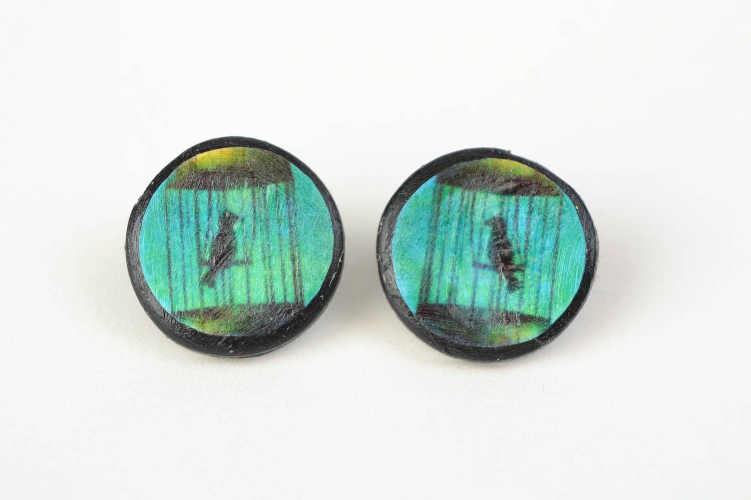 Handmade stylish stud earrings made of polymer clay with decoupage bird in cage photo 1