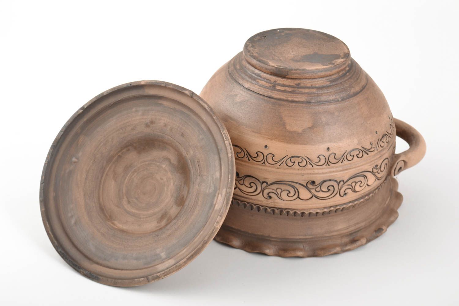 Grand faitout en céramique fait main brun original décoré joli 3 l vaisselle photo 5