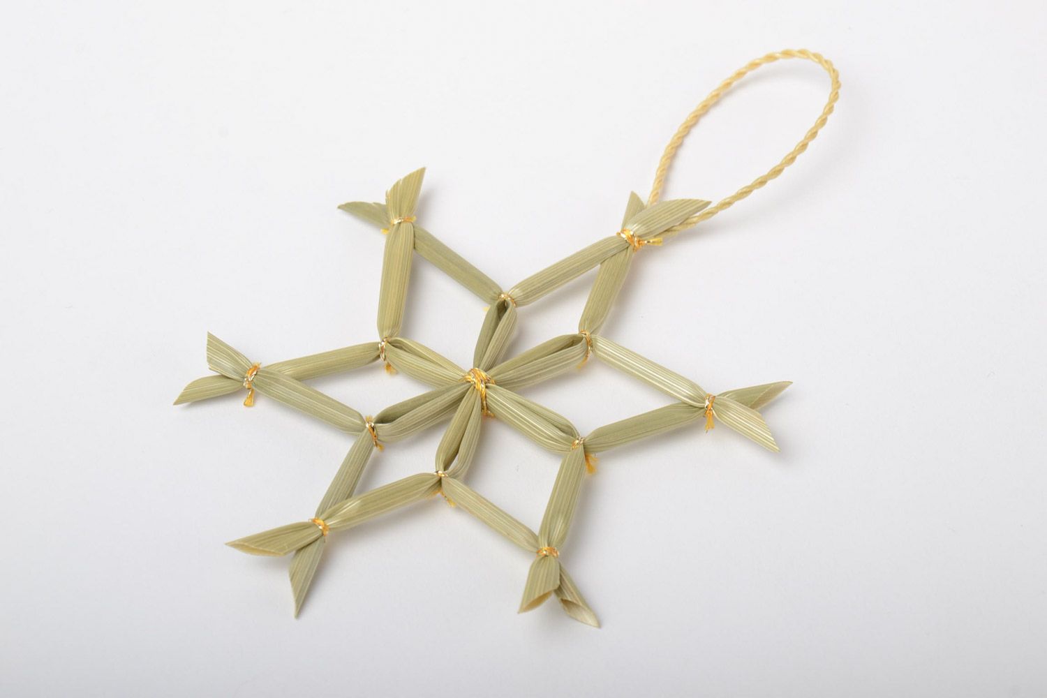 Handmade small Christmas tree ornament woven of straw in the shape of snowflake photo 2