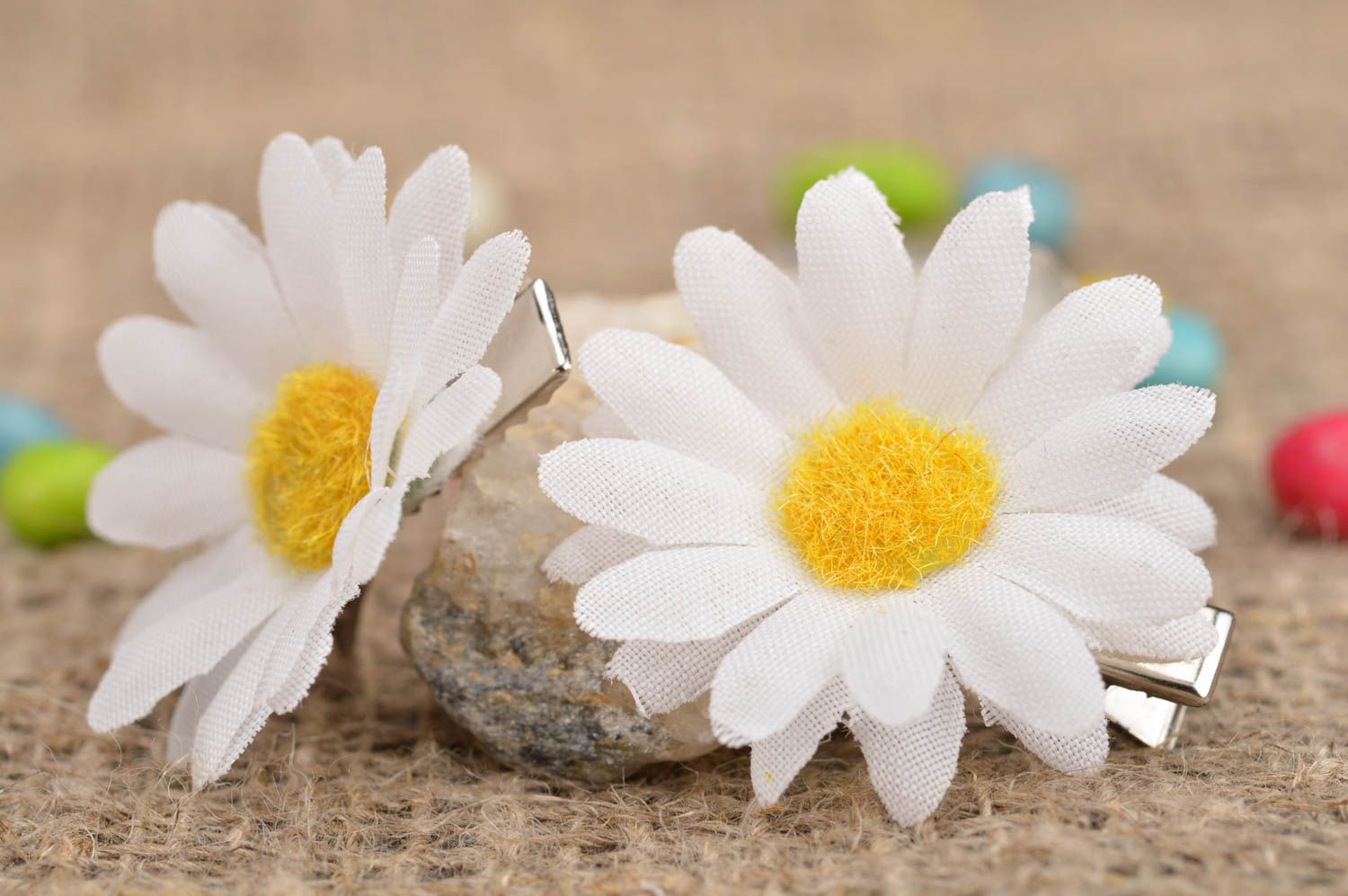 Set of 2 handmade designer children's hair clips with artificial flowers photo 1
