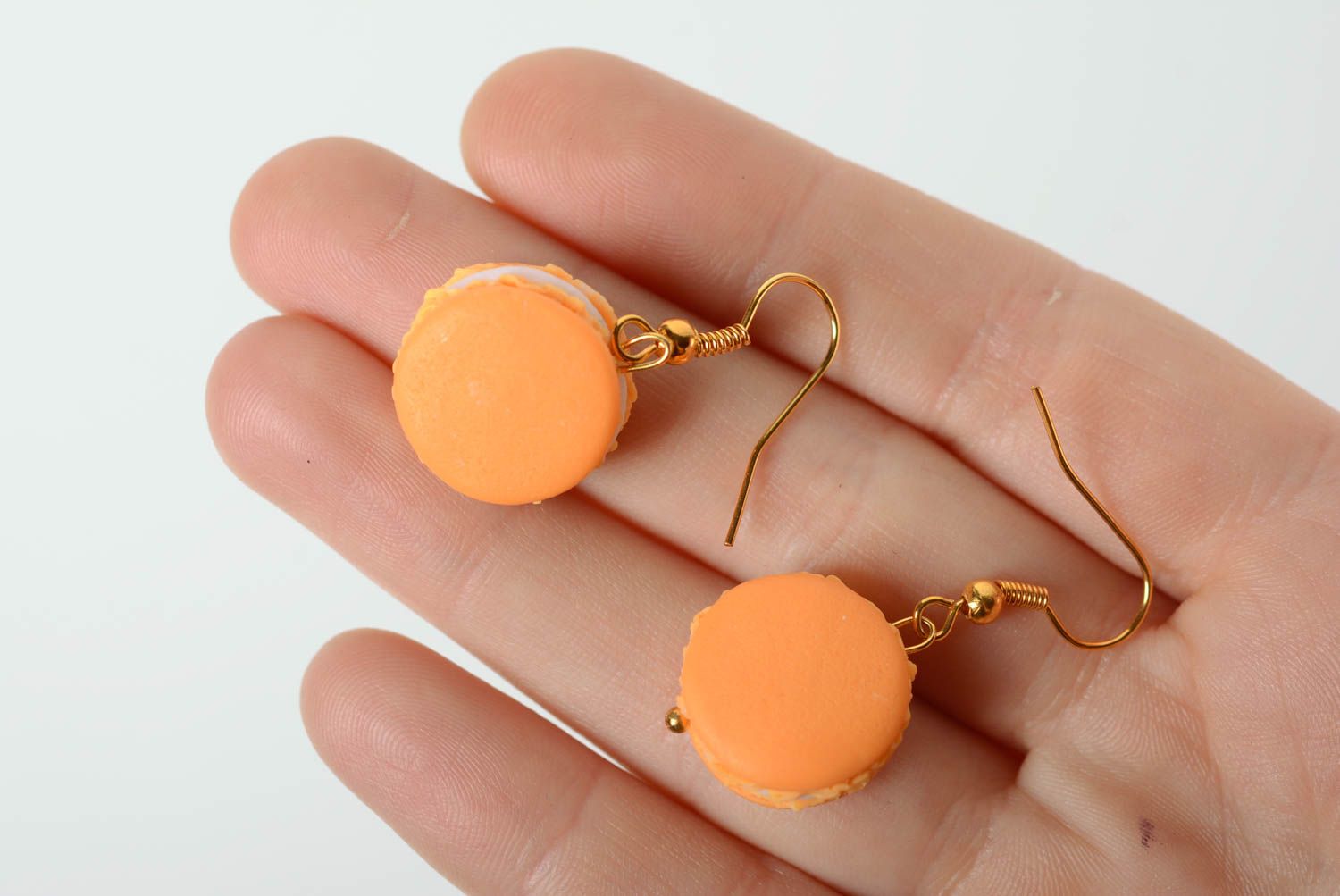 Handmade women's orange plastic earrings in the shape of macaron photo 3
