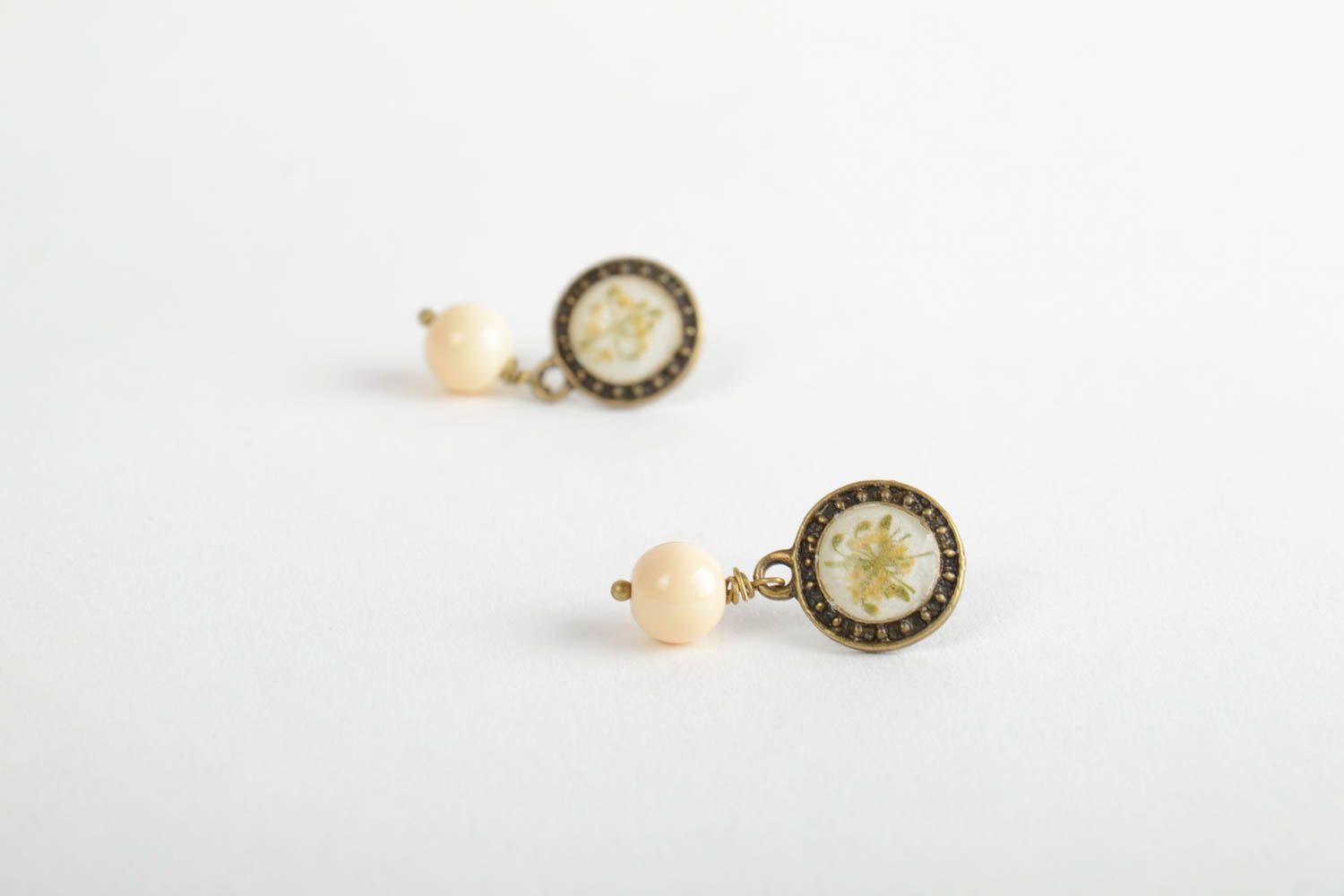 Handmade round epoxy resin earrings with beads on the basis of the brass photo 5