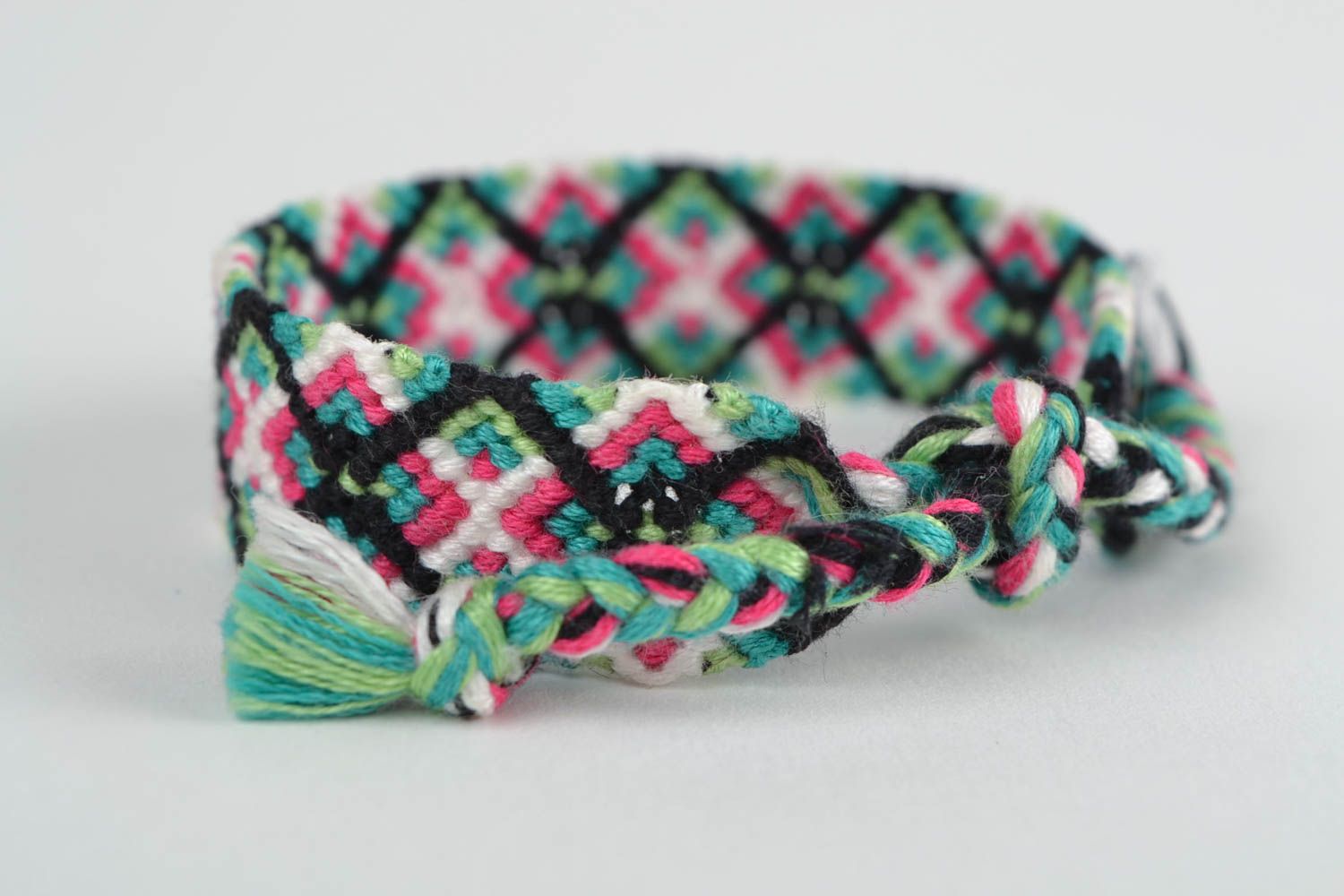 Beautiful bright handmade woven macrame wrist bracelet with ties photo 4