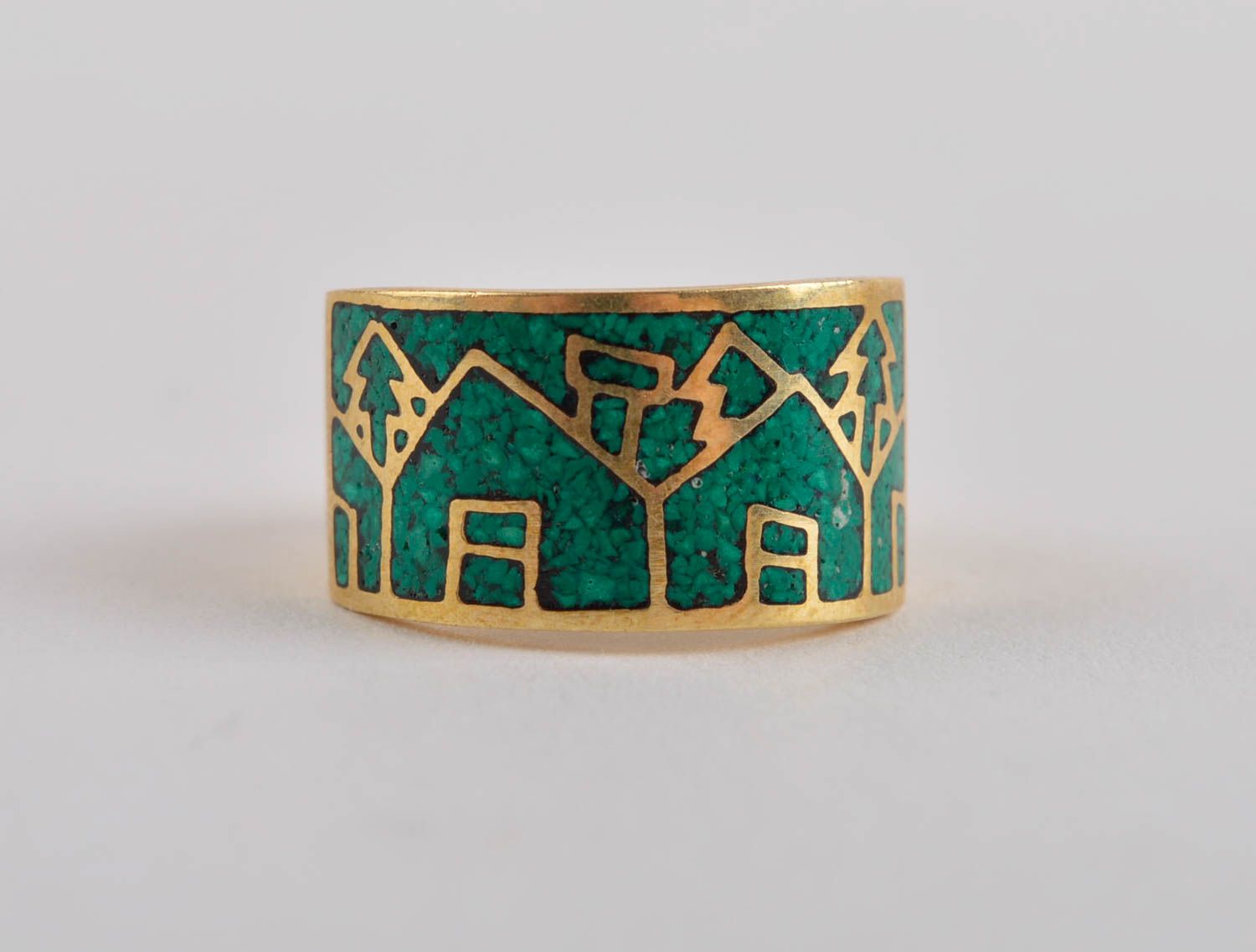 Кольцо ручной работы украшение из латуни модное кольцо зеленое с домиками фото 3