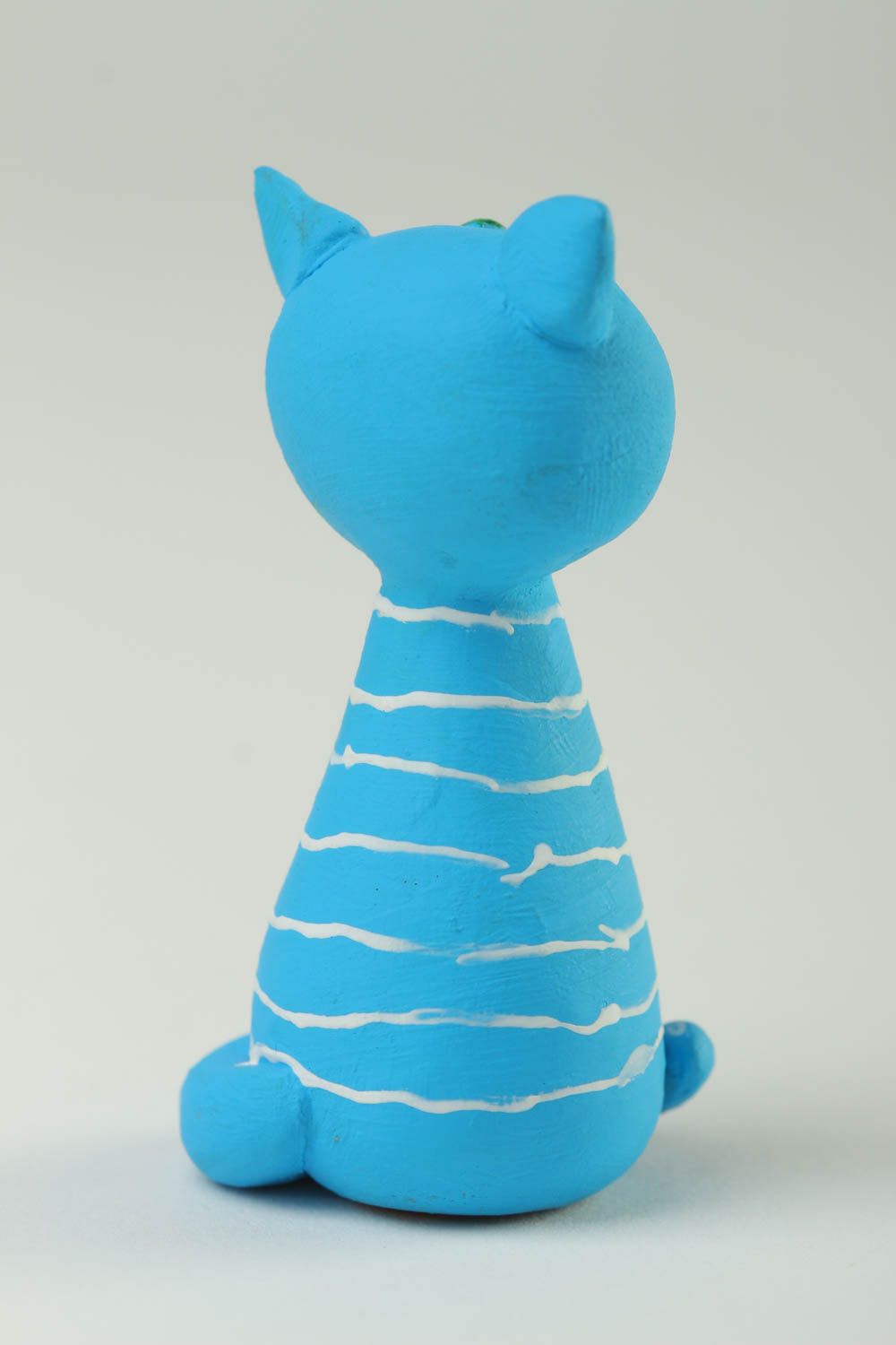 Statuette chat bleu faite main Figurine animal petite peinte rayée Déco maison photo 4