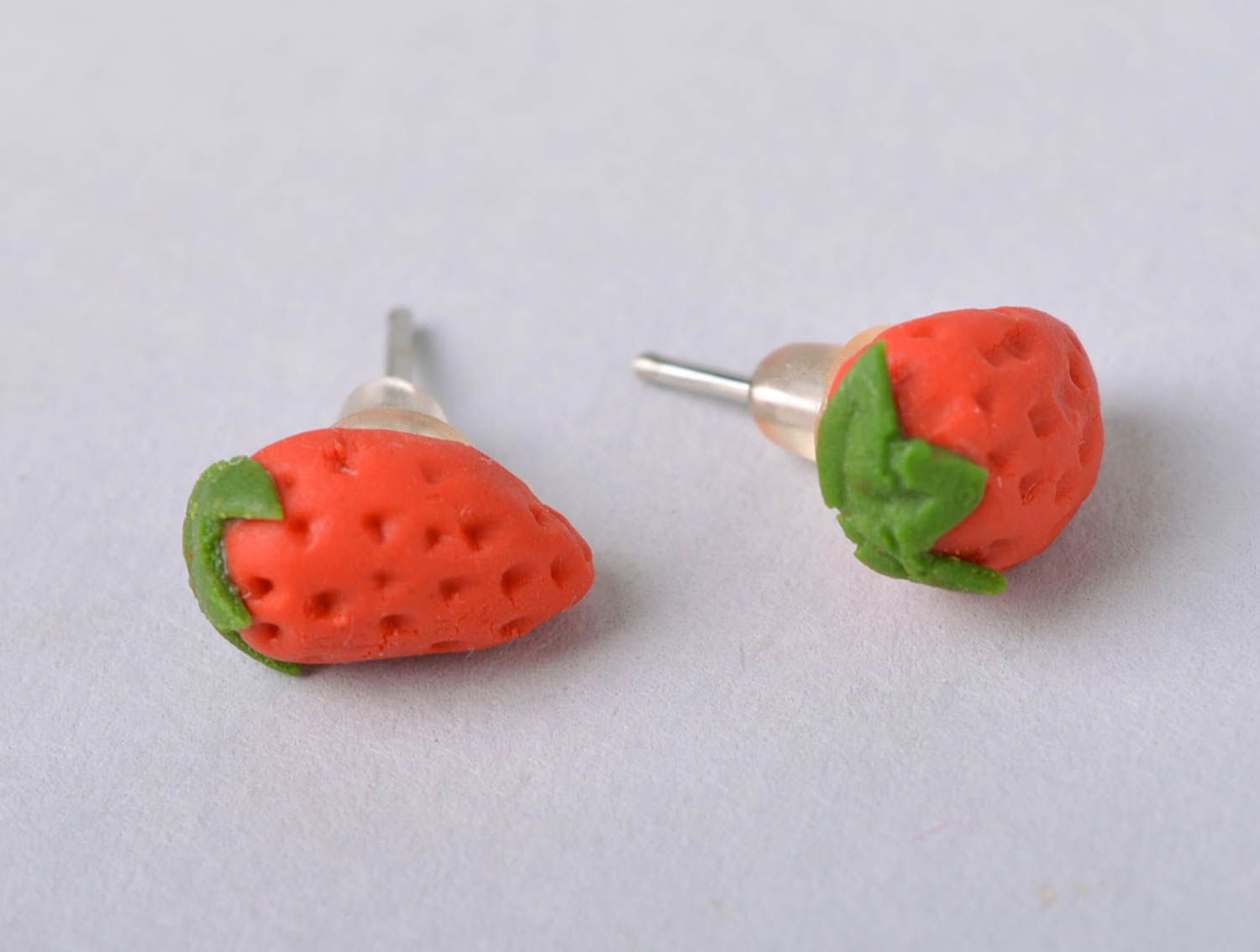 Handmade small cute stud earrings with cold porcelain red strawberries photo 2