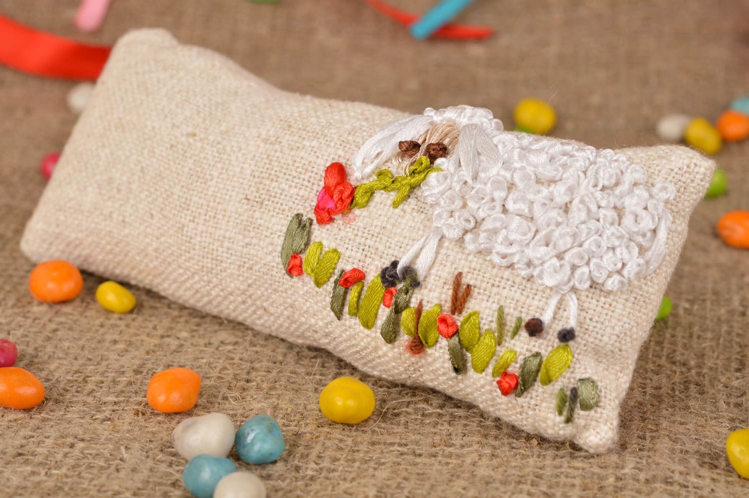 Unusual handmade designer sackcloth sachet pillow with embroidery photo 1