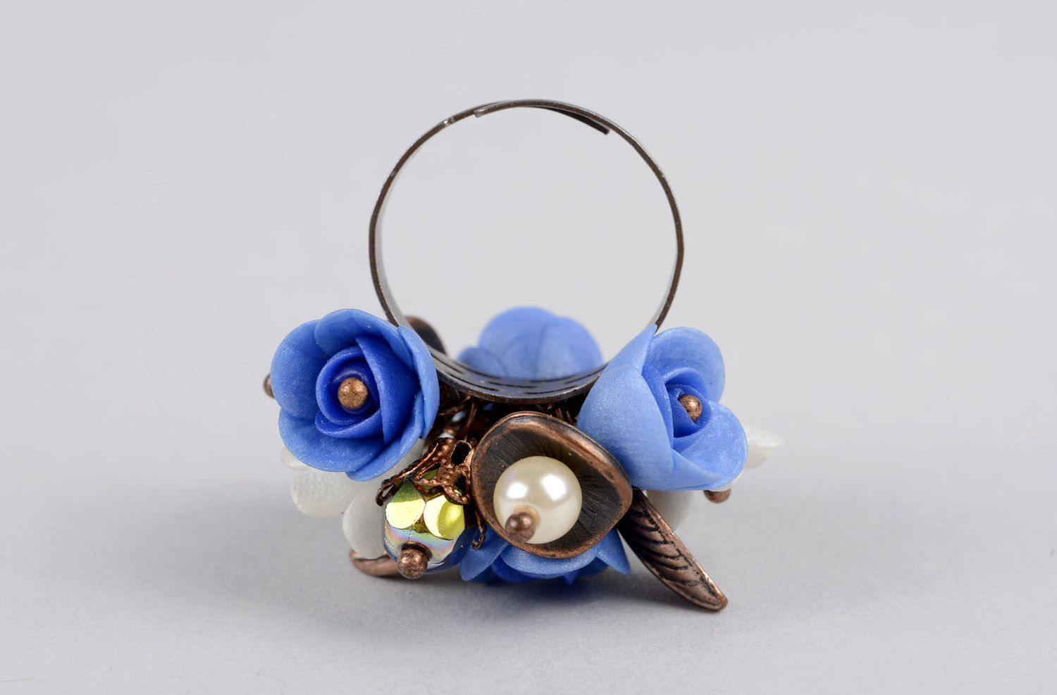Handmade Accessoire für Frauen Blumen Ring Polymer Schmuck blaue Blumen foto 4