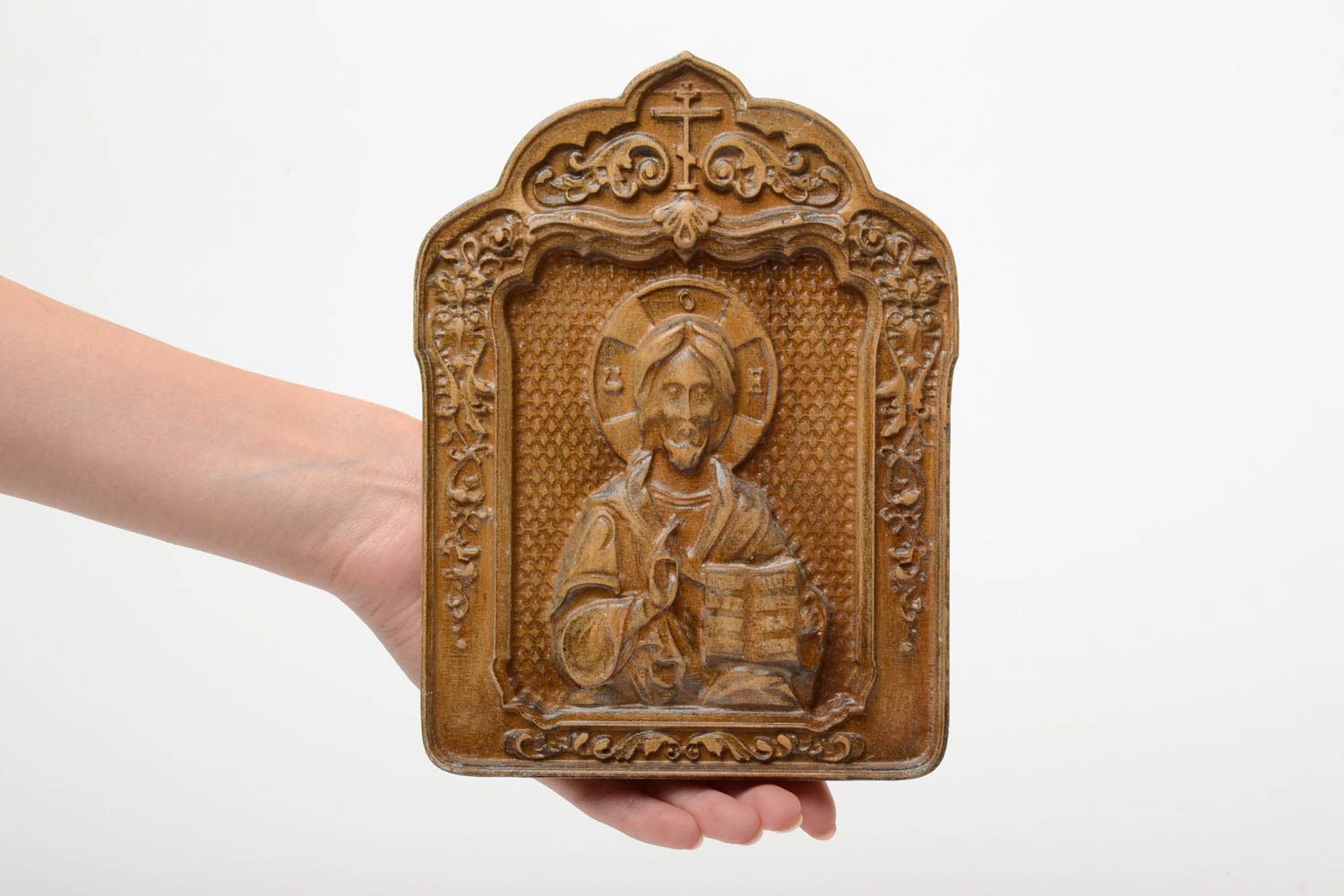 Carved wooden small icon with metal fastening Jesus Christ handmade wall panel photo 5