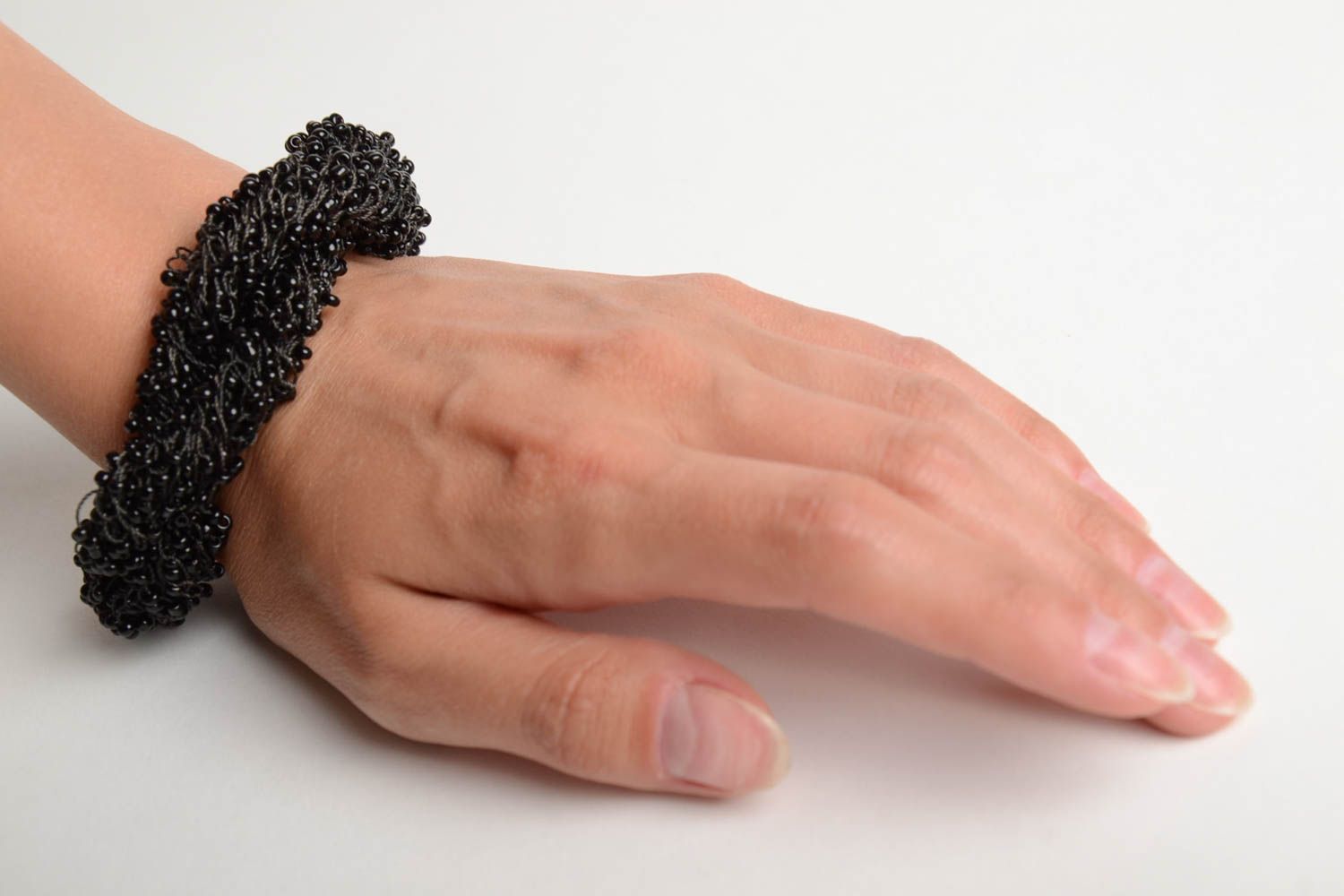 Handmade festive evening bead woven women's wrist bracelet of black color photo 2