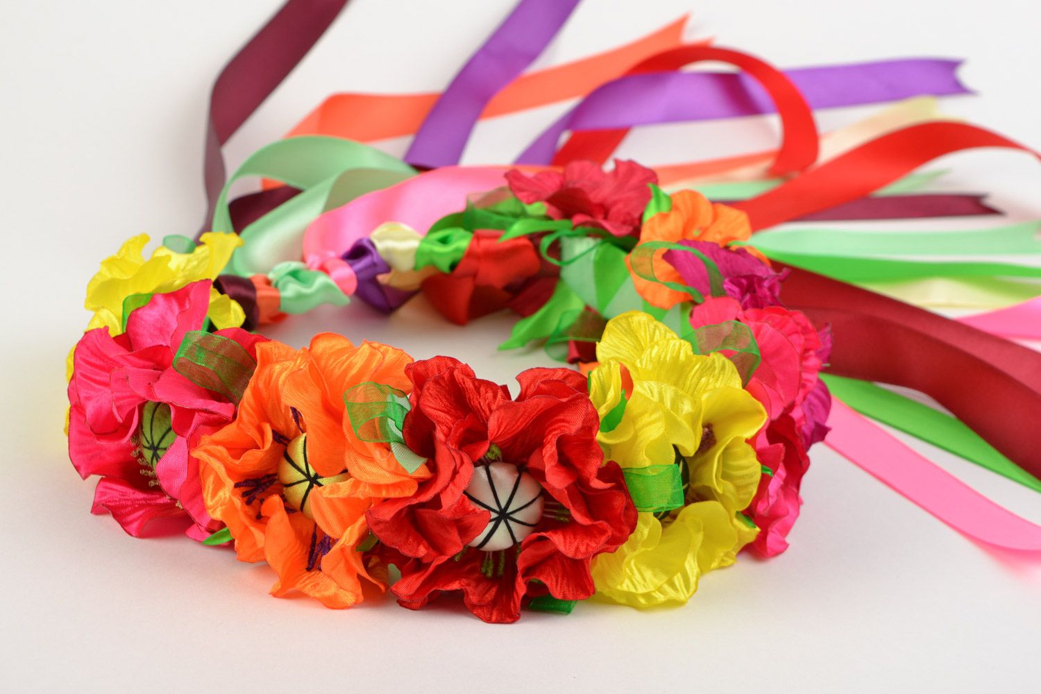 Handmade bright multicolored flower head wreath with satin ribbons photo 1