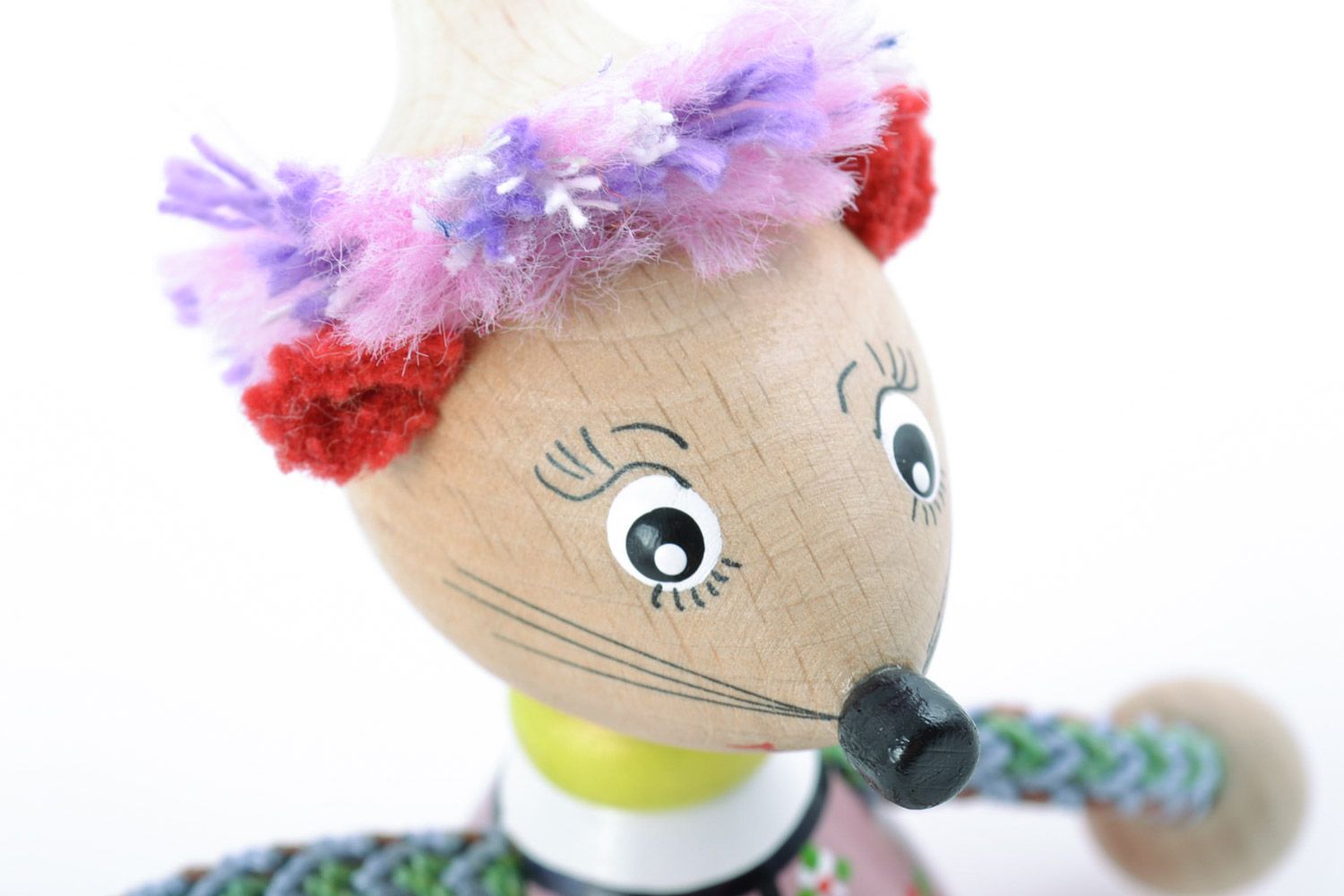 Beautiful wooden handmade toy mouse in ethnic clothing with head wreath photo 3