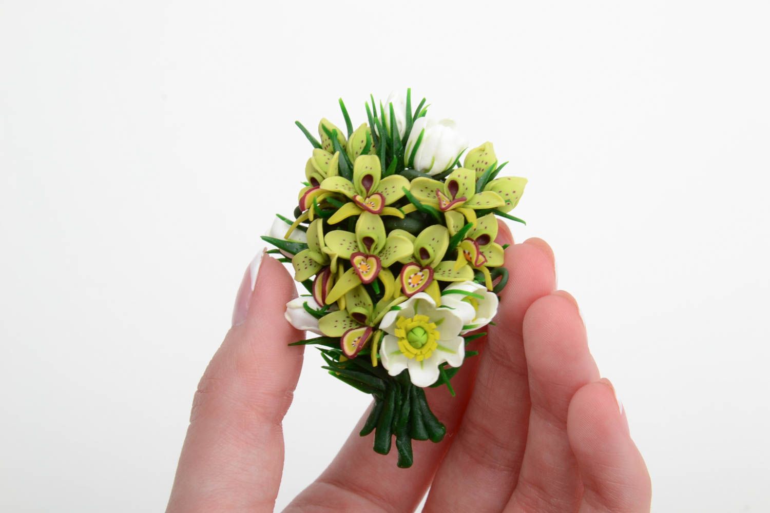 Handmade designer brooch with bouquet of volume polymer clay white flowers photo 1