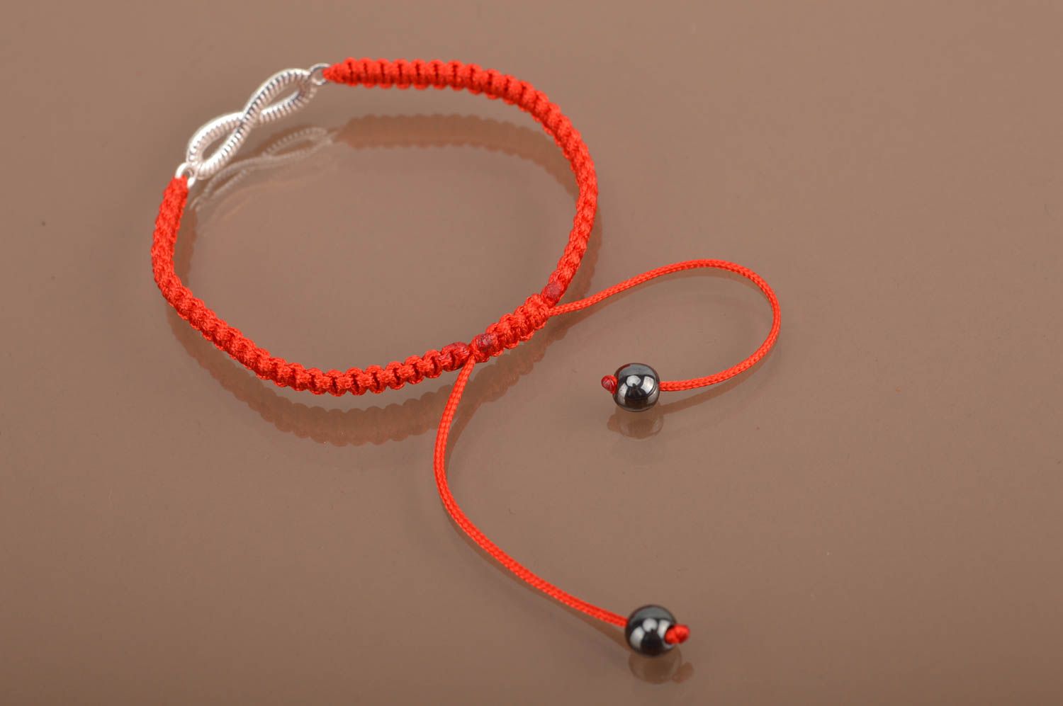 Handmade unusual cute stylish textile red thin bracelet with infinity sign photo 5