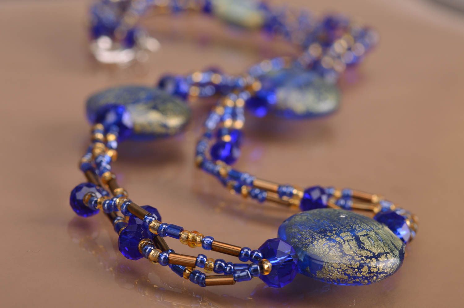 Handmade designer women's necklace with beads blue and golden festive stylish photo 4