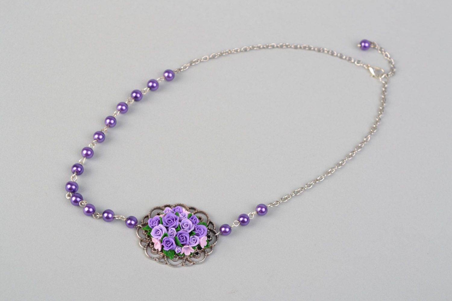 Tender handmade necklace with lilac polymer clay flower for romantic girls photo 2