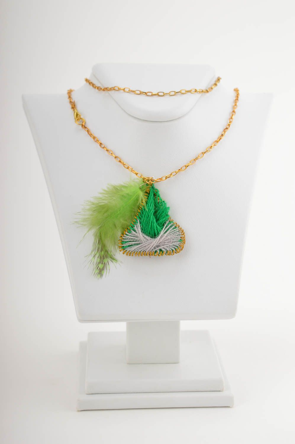 Beautiful handmade textile pendant with feathers wire pendant necklace photo 1