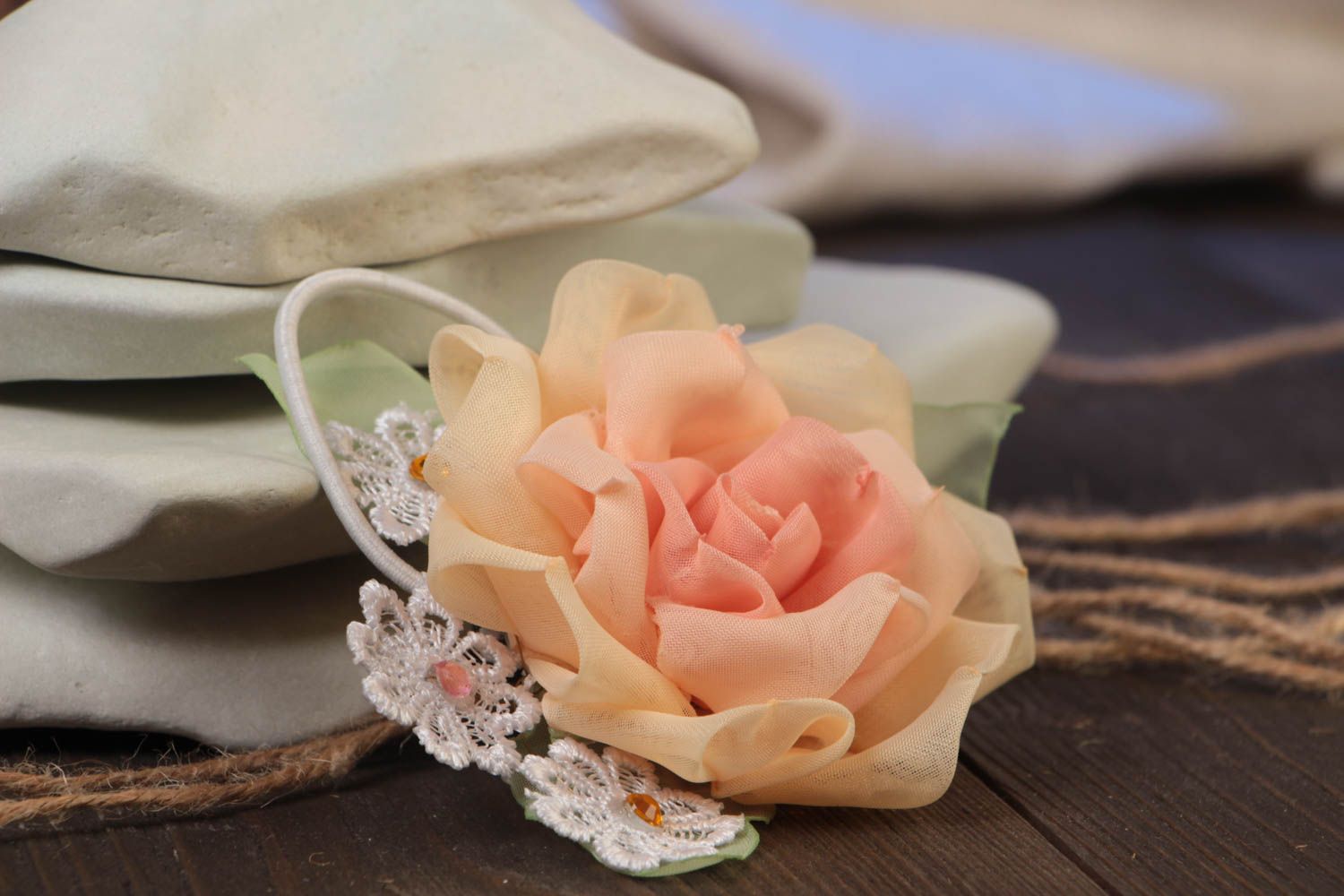 Handmade decorative hair band with tender chiffon pink rose flower for girls photo 1