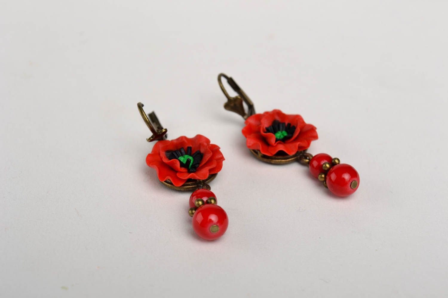 Handmade designer stylish earrings red poppies earrings elegant jewelry photo 2