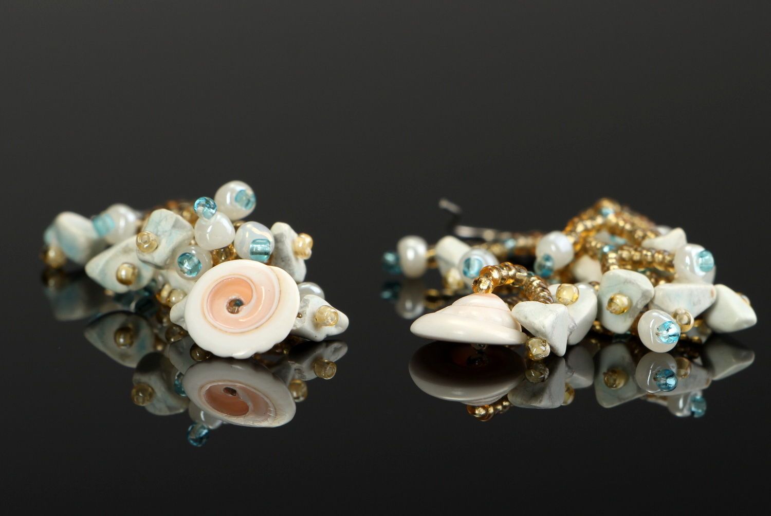 Earrings made of beads, turquoise and seashells photo 2