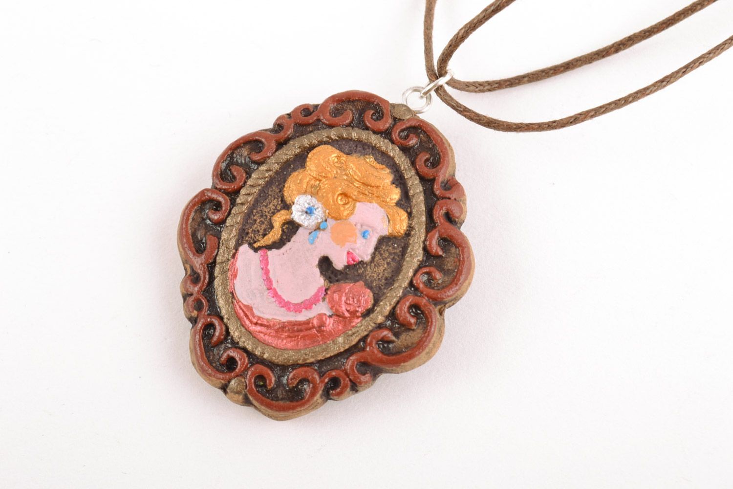 Handmade ceramic oval neck pendant with acrylic painting on cord Cameo photo 3