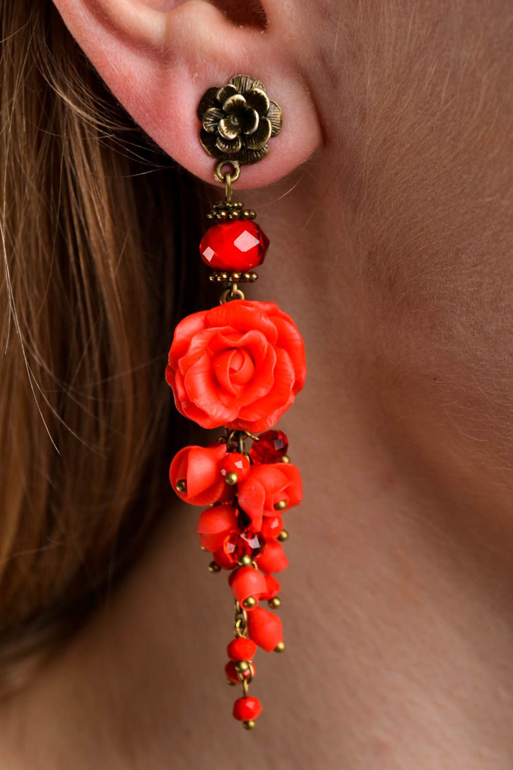 Handmade elegant red earrings stylish dangling earrings polymer clay jewelry photo 1
