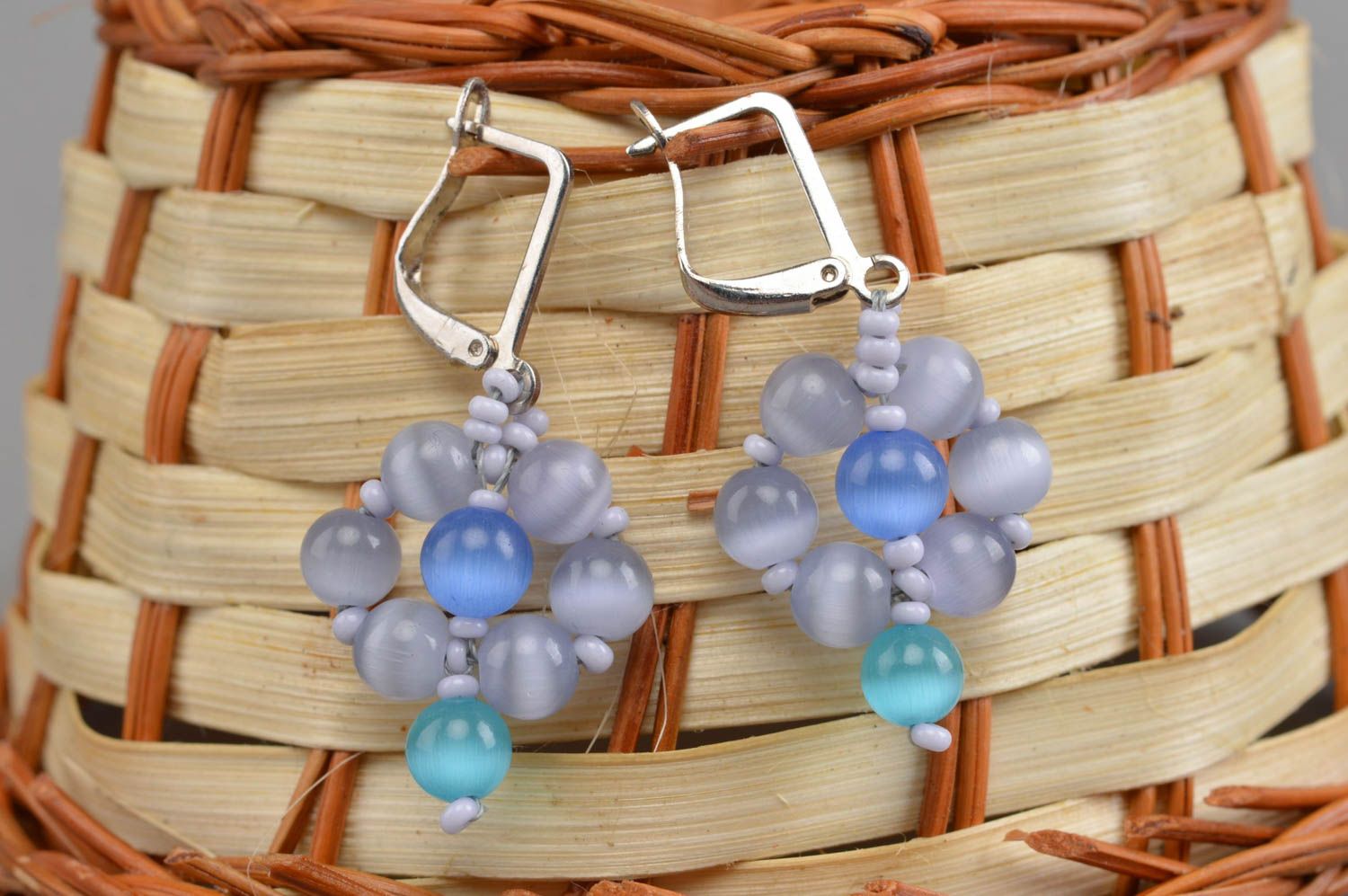 Boucles d'oreilles en pierres naturelles pendantes faites main bleues pour femme photo 1