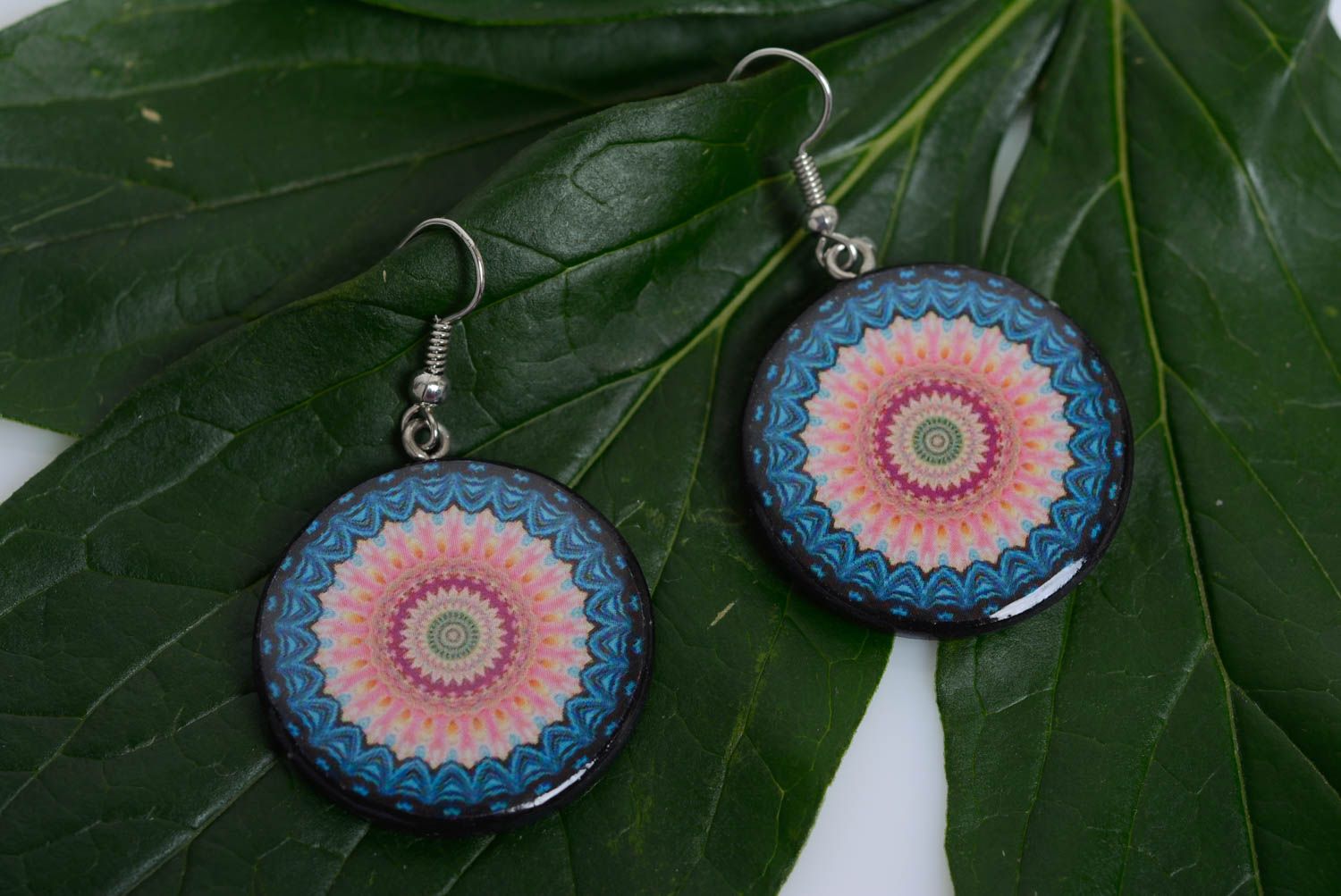 Stylish design handmade polymer clay round earrings with decoupage patterns photo 3