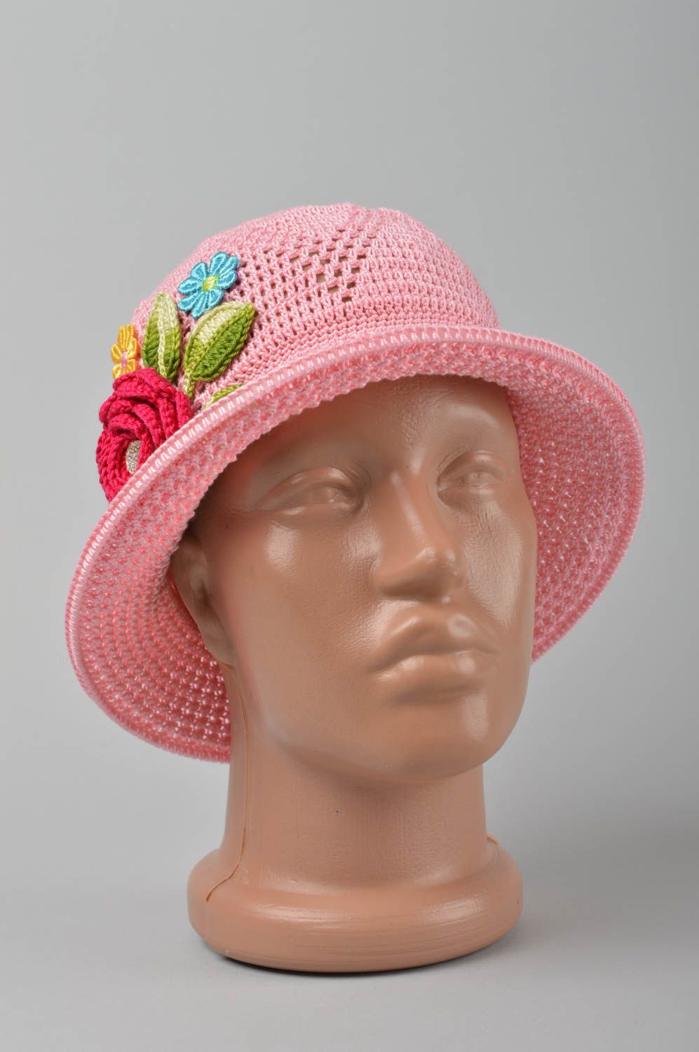 Вязаная шляпа ручной работы детская шляпа розовая головной убор краисвый фото 1