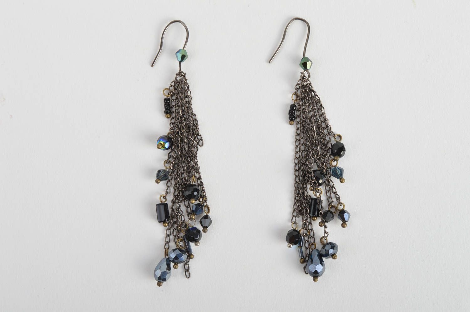 Handmade long festive earrings with glass black beads on metal chain photo 2