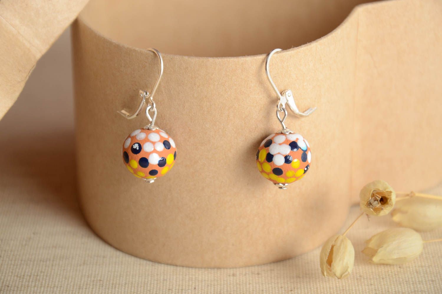 Unusual handmade clay earrings ceramic ball earrings designer earrings gift idea photo 1