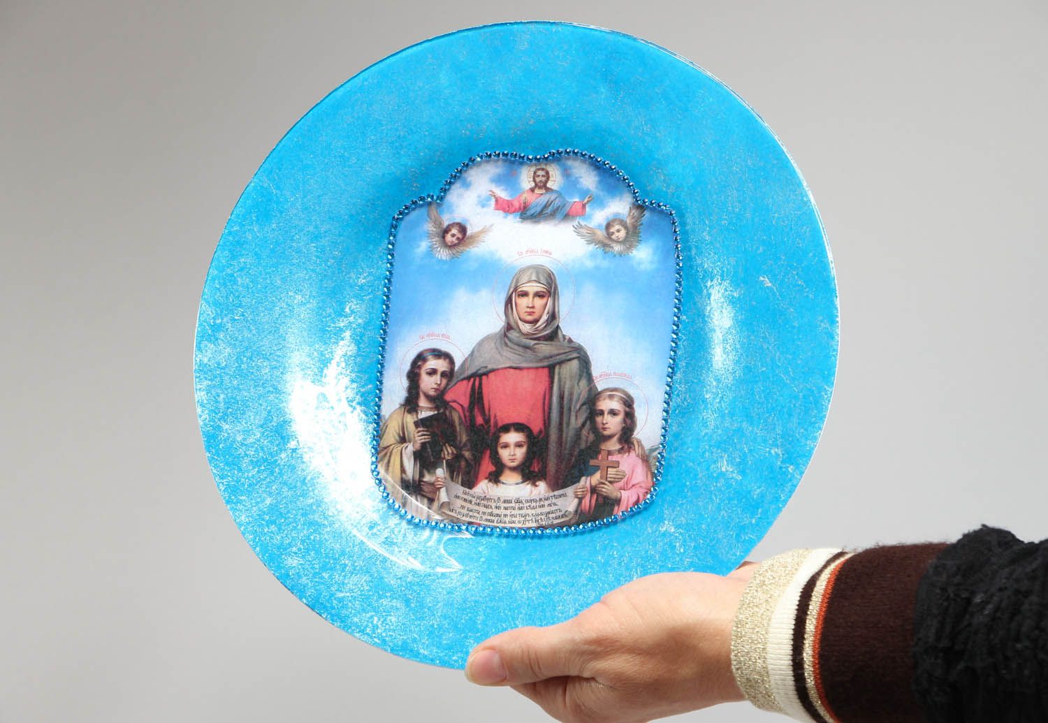 Prato de vidro decorativo na técnica de decoupage om a imagem de santos ortodoxos foto 3