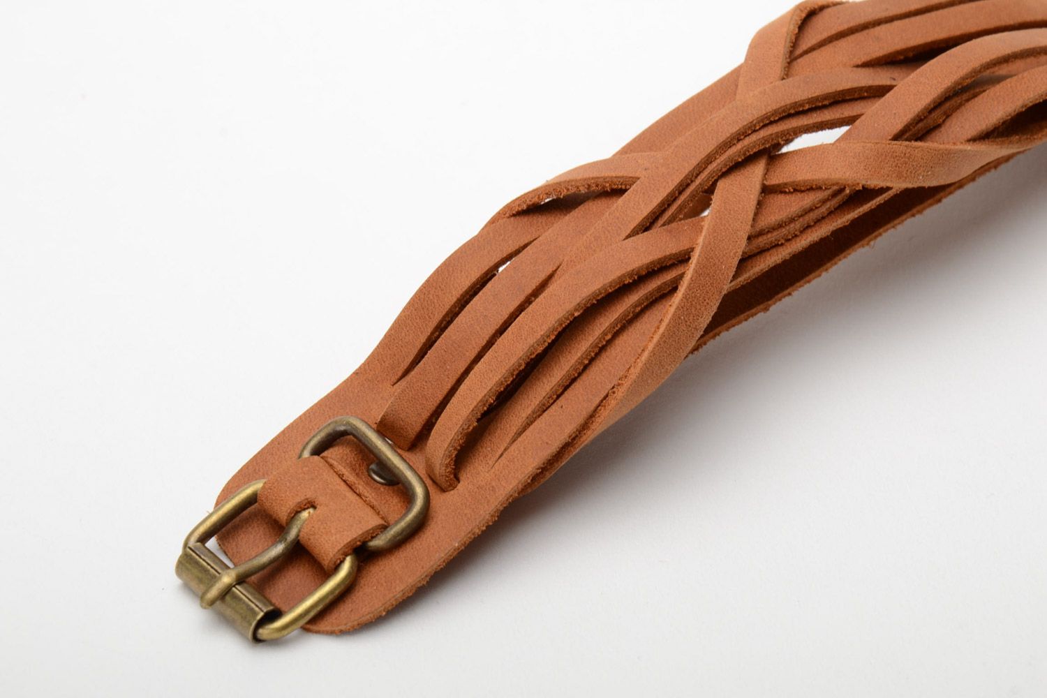 Handmade brown woven genuine leather wide bracelet  photo 5