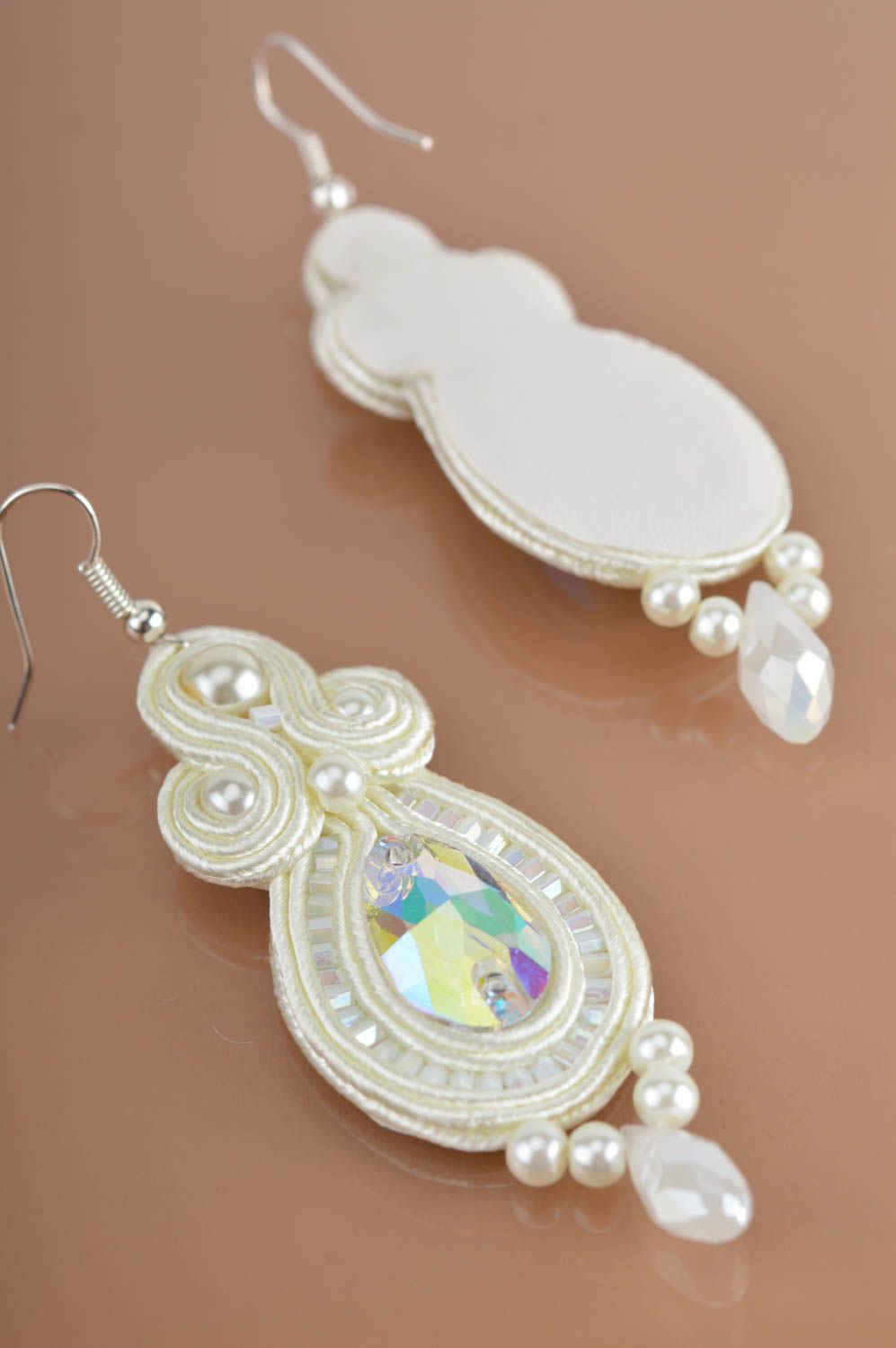 Beautiful long handmade designer white soutache earrings with crystals photo 5
