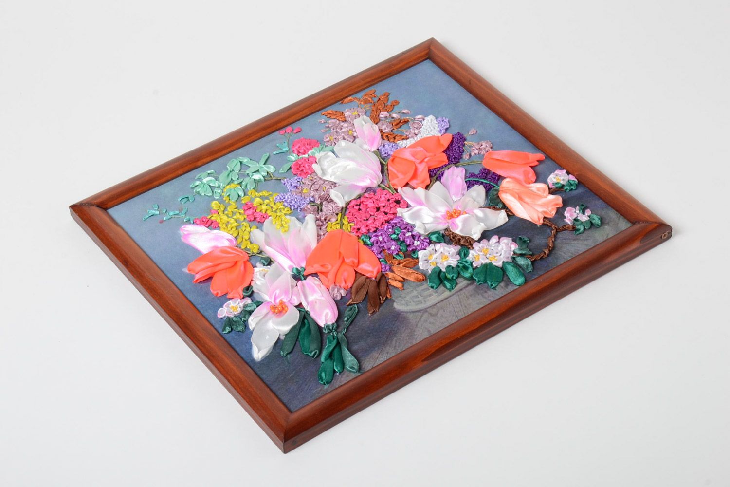 Beautiful handmade satin ribbon embroidery with flowers in wooden frame photo 2