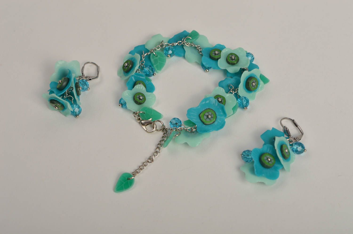 Parure Bijoux floraux bleus faits main bracelet boucles d'oreilles Cadeau femme photo 3