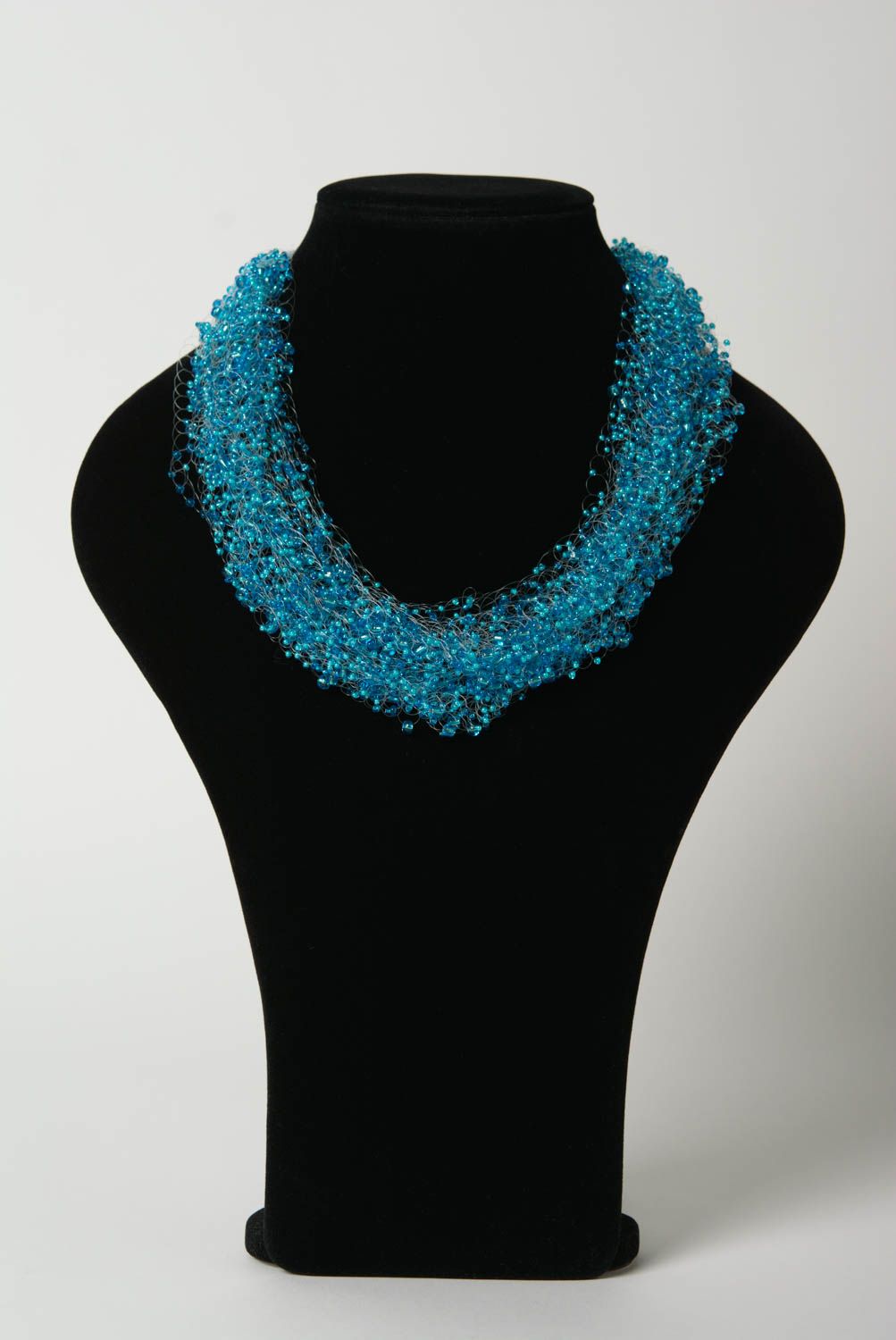 Handmade tender airy blue necklace woven of beads of different sizes for women photo 2
