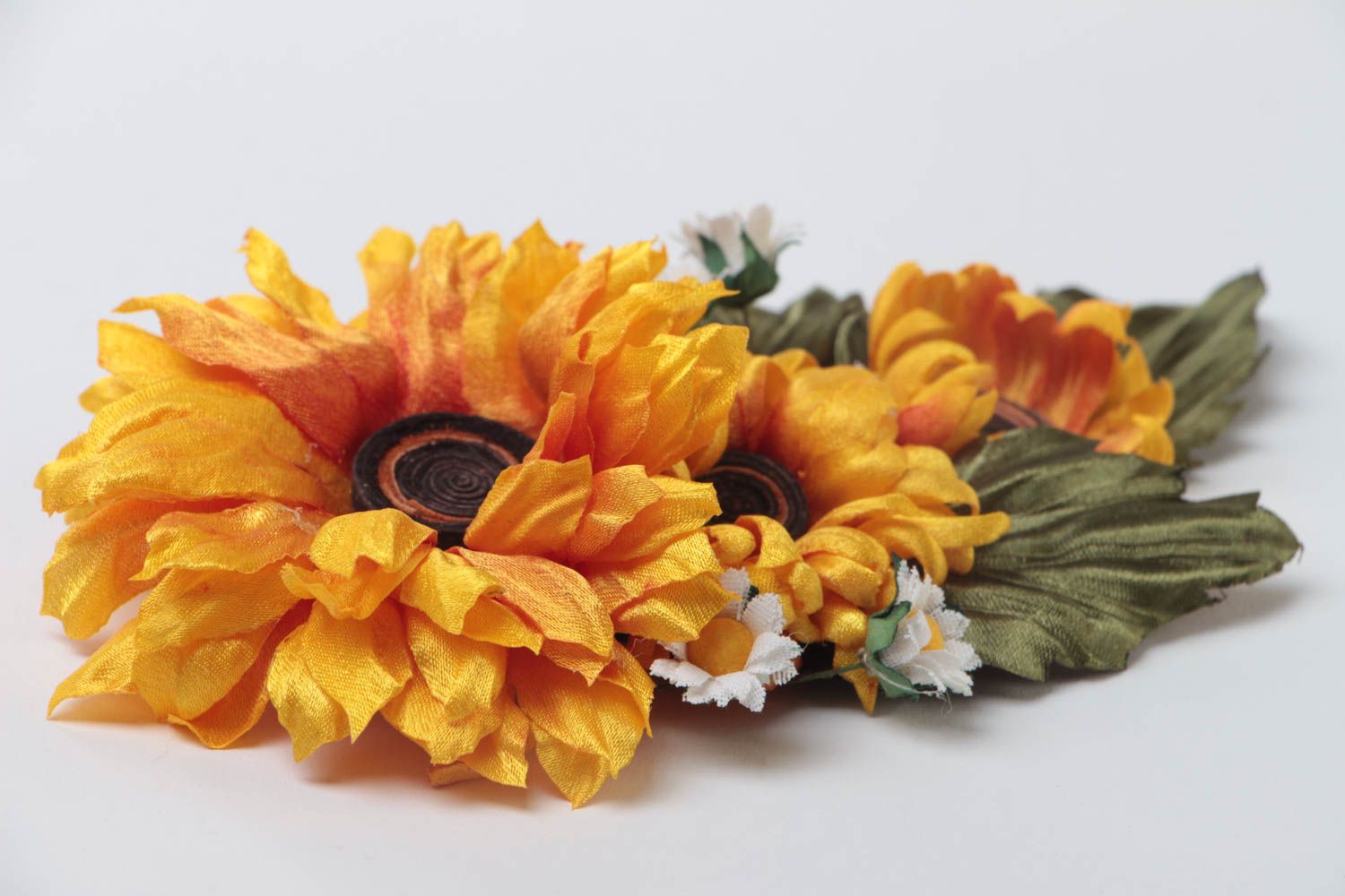 Gelbe Sonneblume Haarblüte Brosche aus Stoff feirlich schön grell handgefertigt foto 3